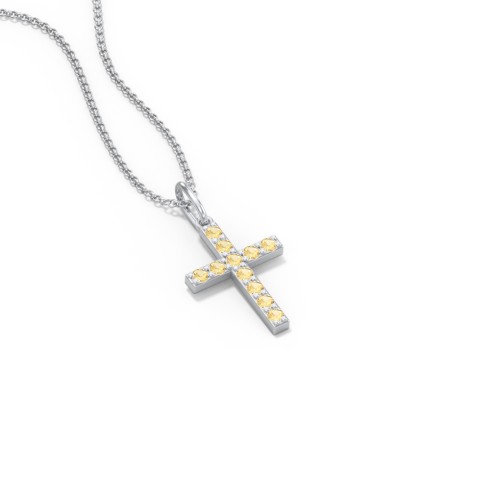 Kids Small Gemstone Cross Pendant – Sterling Silver with Citrine