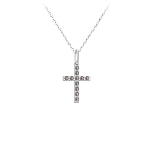 Kids Small Gemstone Cross Pendant – Sterling Silver with Smokey Quartz