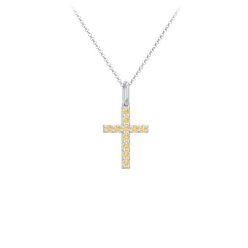 Kids Small Gemstone Cross Pendant – Sterling Silver with Citrine