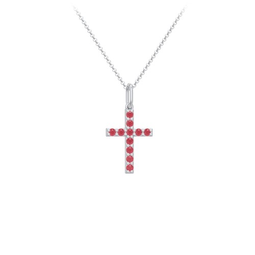 Kids Small Gemstone Cross Pendant – Sterling Silver with Garnet