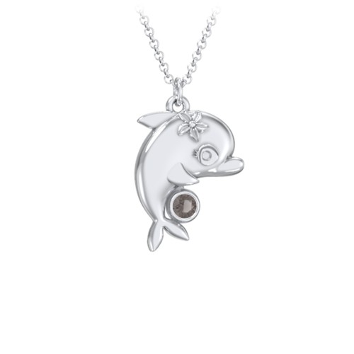 Kids Dolphin Birthstone Critter Necklace – Sterling Silver with Smokey Quartz