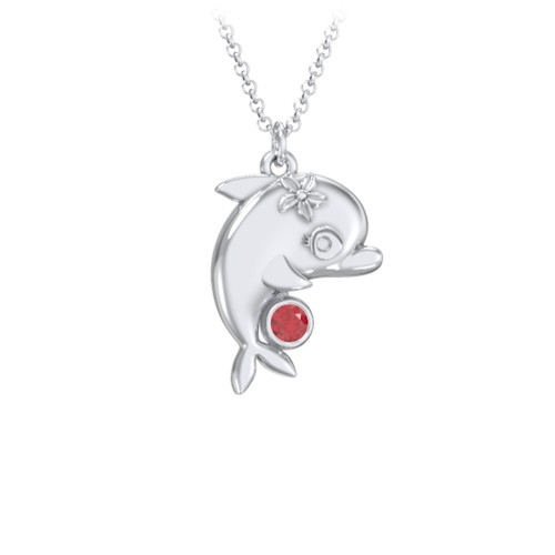 Kids Dolphin Birthstone Critter Necklace – Sterling Silver with Garnet