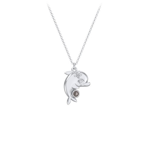 Kids Dolphin Birthstone Critter Necklace – Sterling Silver with Smokey Quartz