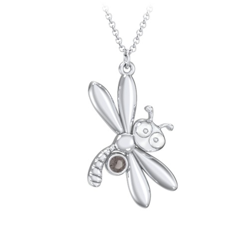 Kids Dragonfly Birthstone Critter Necklace – Sterling Silver with Smokey Quartz