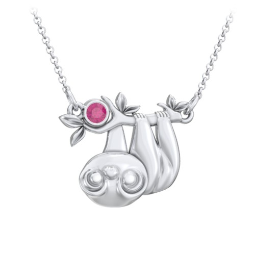 Kids Sloth Birthstone Critter Necklace – Sterling Silver with Ruby
