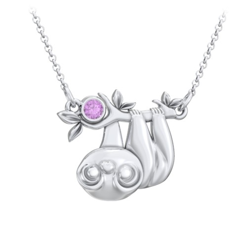 Kids Sloth Birthstone Critter Necklace – Sterling Silver with Amethyst
