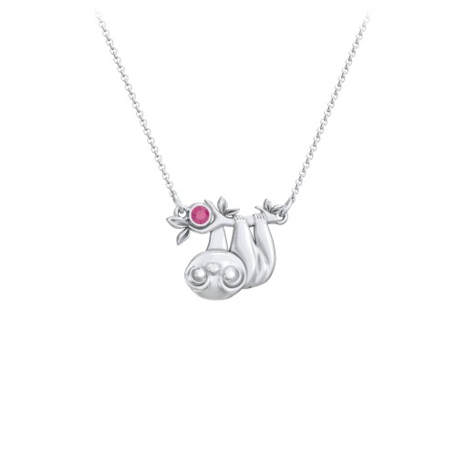 Kids Sloth Birthstone Critter Necklace – Sterling Silver with Ruby