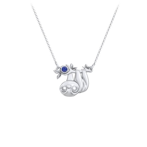 Kids Sloth Birthstone Critter Necklace – Sterling Silver with Blue Sapphire