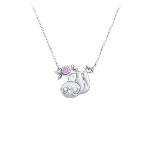 Kids Sloth Birthstone Critter Necklace – Sterling Silver with Amethyst
