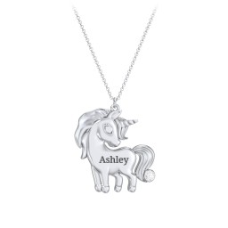 Kids Engravable Unicorn Birthstone Pendant Necklace in 925 Sterling Silver with Diamond