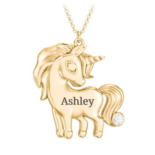 Kids Engravable Unicorn Birthstone Pendant Necklace – 10K Yellow Gold with Diamond