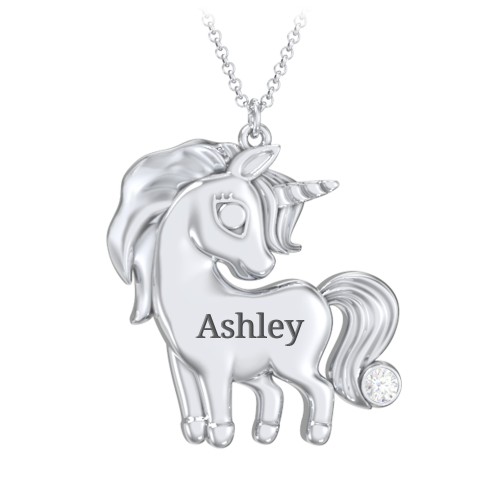 Kids Engravable Unicorn Birthstone Pendant Necklace – Sterling Silver with Diamond