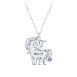 Kids Engravable Unicorn Birthstone Pendant Necklace in 925 Sterling Silver with Amethyst
