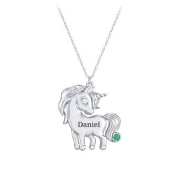 Kids Engravable Unicorn Birthstone Pendant Necklace in 925 Sterling Silver with Emerald