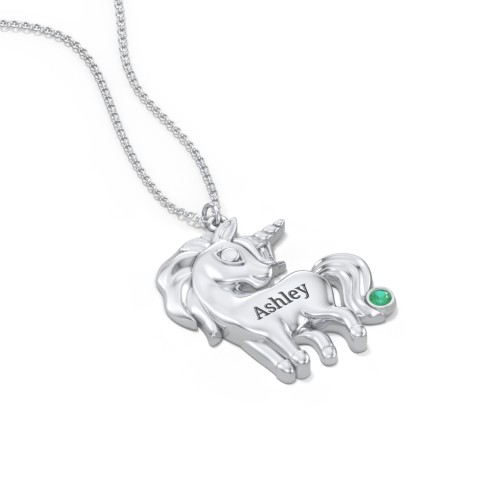 Kids Engravable Unicorn Birthstone Pendant Necklace – Sterling Silver with Emerald