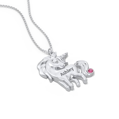 Kids Engravable Unicorn Birthstone Pendant Necklace – Sterling Silver with Ruby