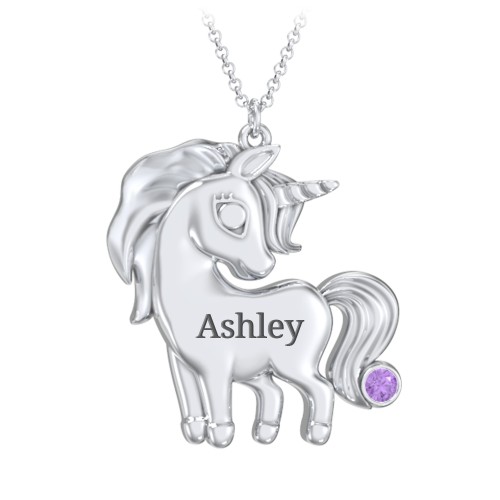 Kids Engravable Unicorn Birthstone Pendant Necklace – Sterling Silver with Amethyst
