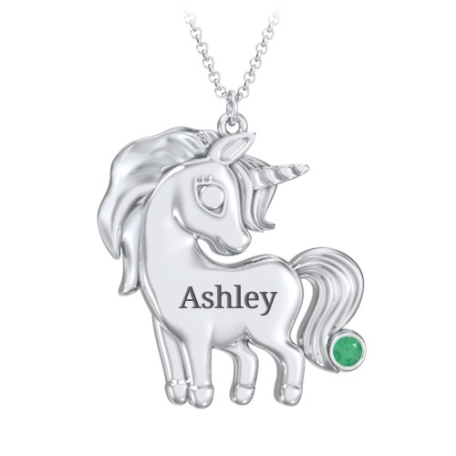 Kids Engravable Unicorn Birthstone Pendant Necklace – Sterling Silver with Emerald