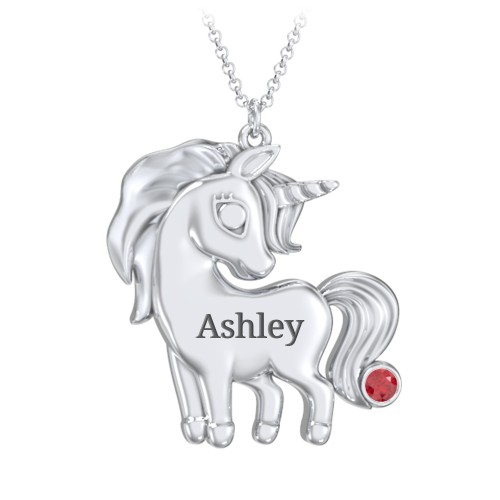 Kids Engravable Unicorn Birthstone Pendant Necklace – Sterling Silver with Garnet