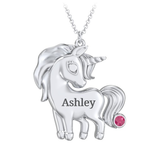 Kids Engravable Unicorn Birthstone Pendant Necklace – Sterling Silver with Ruby
