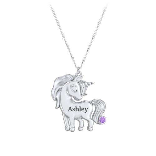 Kids Engravable Unicorn Birthstone Pendant Necklace – Sterling Silver with Amethyst