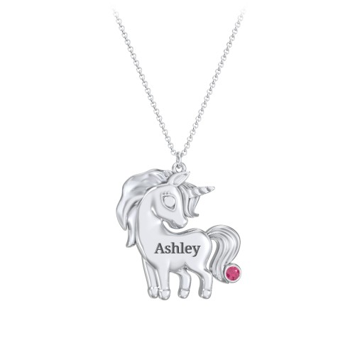 Kids Engravable Unicorn Birthstone Pendant Necklace – Sterling Silver with Ruby