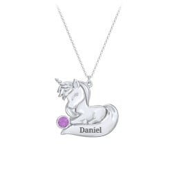 Kids Engravable Sitting Unicorn Birthstone Necklace