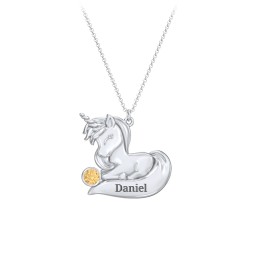 Kids Engravable Sitting Unicorn Birthstone Necklace