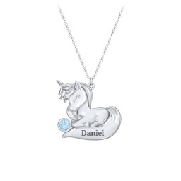 Kids Engravable Sitting Unicorn Birthstone Necklace