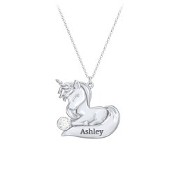 Kids Engravable Sitting Unicorn Birthstone Necklace in 925 Sterling Silver with Diamond