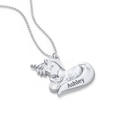Kids Engravable Sitting Unicorn Birthstone Necklace – Sterling Silver with Diamond