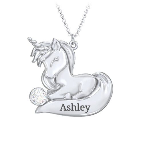 Kids Engravable Sitting Unicorn Birthstone Necklace – Sterling Silver with Diamond