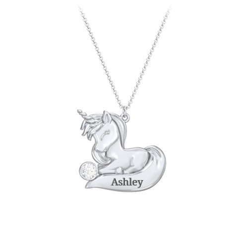 Kids Engravable Sitting Unicorn Birthstone Necklace – Sterling Silver with Diamond