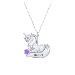 Kids Engravable Sitting Unicorn Birthstone Necklace in 925 Sterling Silver with Amethyst