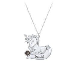 Kids Engravable Sitting Unicorn Birthstone Necklace in 925 Sterling Silver with Smokey Quartz
