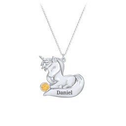Kids Engravable Sitting Unicorn Birthstone Necklace in 925 Sterling Silver with Citrine