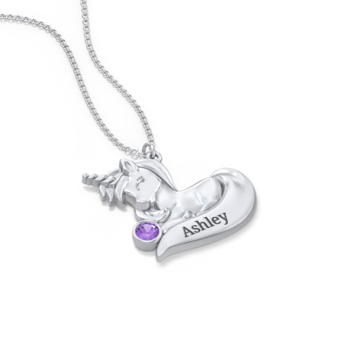 Kids Engravable Sitting Unicorn Birthstone Necklace – Sterling Silver with Amethyst