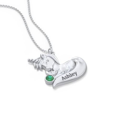 Kids Engravable Sitting Unicorn Birthstone Necklace – Sterling Silver with Emerald
