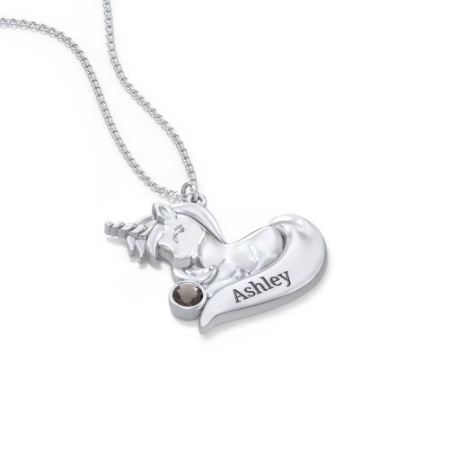 Kids Engravable Sitting Unicorn Birthstone Necklace – Sterling Silver with Smokey Quartz