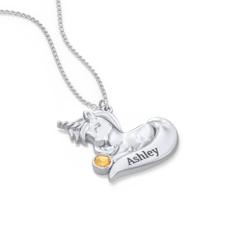 Kids Engravable Sitting Unicorn Birthstone Necklace – Sterling Silver with Citrine