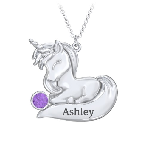 Kids Engravable Sitting Unicorn Birthstone Necklace – Sterling Silver with Amethyst