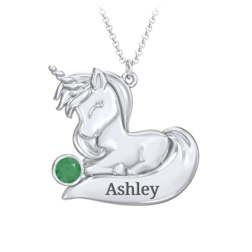 Kids Engravable Sitting Unicorn Birthstone Necklace – Sterling Silver with Emerald