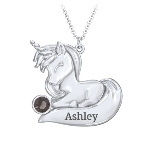 Kids Engravable Sitting Unicorn Birthstone Necklace – Sterling Silver with Smokey Quartz