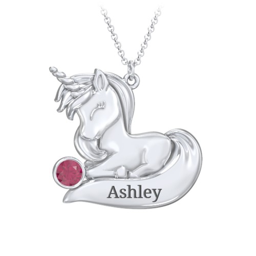 Kids Engravable Sitting Unicorn Birthstone Necklace – Sterling Silver with Ruby