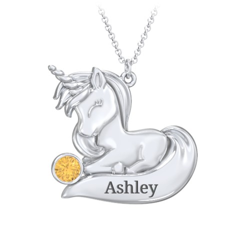 Kids Engravable Sitting Unicorn Birthstone Necklace – Sterling Silver with Citrine