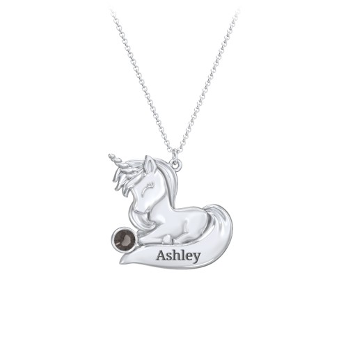 Kids Engravable Sitting Unicorn Birthstone Necklace – Sterling Silver with Smokey Quartz