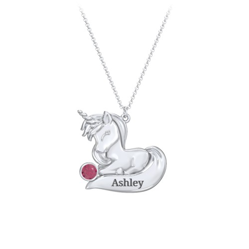 Kids Engravable Sitting Unicorn Birthstone Necklace – Sterling Silver with Ruby
