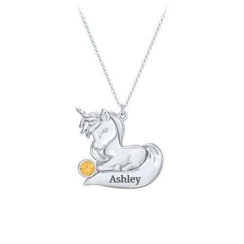 Kids Engravable Sitting Unicorn Birthstone Necklace – Sterling Silver with Citrine
