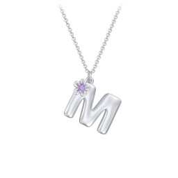Kids Bubble Initial Necklace With Birthstone Flower in 925 Sterling Silver with Amethyst