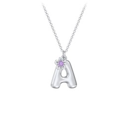 Kids Bubble Initial Necklace With Birthstone Flower in 925 Sterling Silver with Amethyst